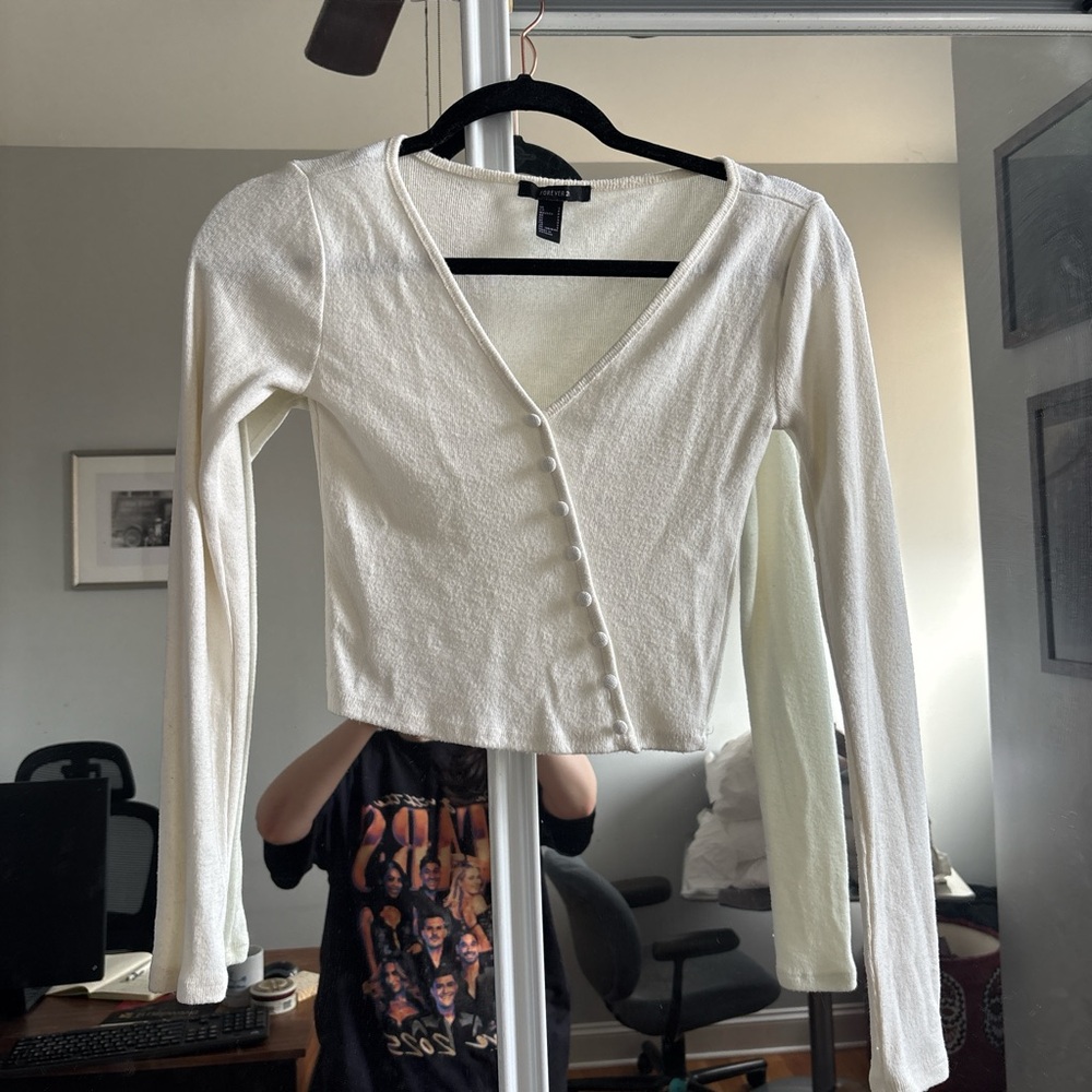 Forever 21 Cream Button-Down V-Neck Top